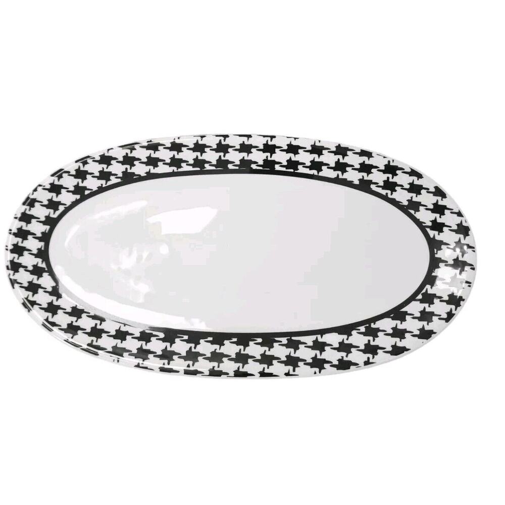 Fresh Decor Platter OVAL LONG 15" Black White HOUNDSTOOTH Pattern Tray Modern
